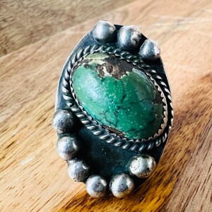 Vintage Navajo Sterling Silver Ring Size 9.25 Green Turquoise Statement Ring 32g Heavy Handmade Southwest Jewelry AHMX