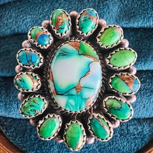 Sterling Silver Sonoran Gold Turquoise Cluster Ring | Adjustable Size 8 | Southwest Statement Jewelry | Bold Vintage Boho 925 Ring