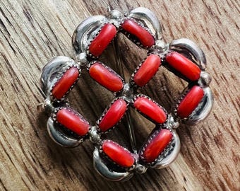 Native American Red Coral Snake Eyes 925 Sterling Silver Pin 