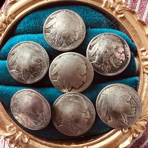 Set of 7 Vintage Indian Head Buffalo Nickel Coin Buttons | 1920s 1930s Five Cent Coin Conchos | Native Style Western Buttons 37g Display Set