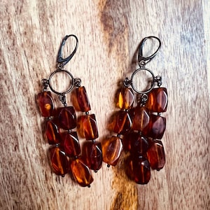 Natural Baltic amber dangle earrings sterling silver leverback beaded three strand artisan vintage style drop earrings gift for her