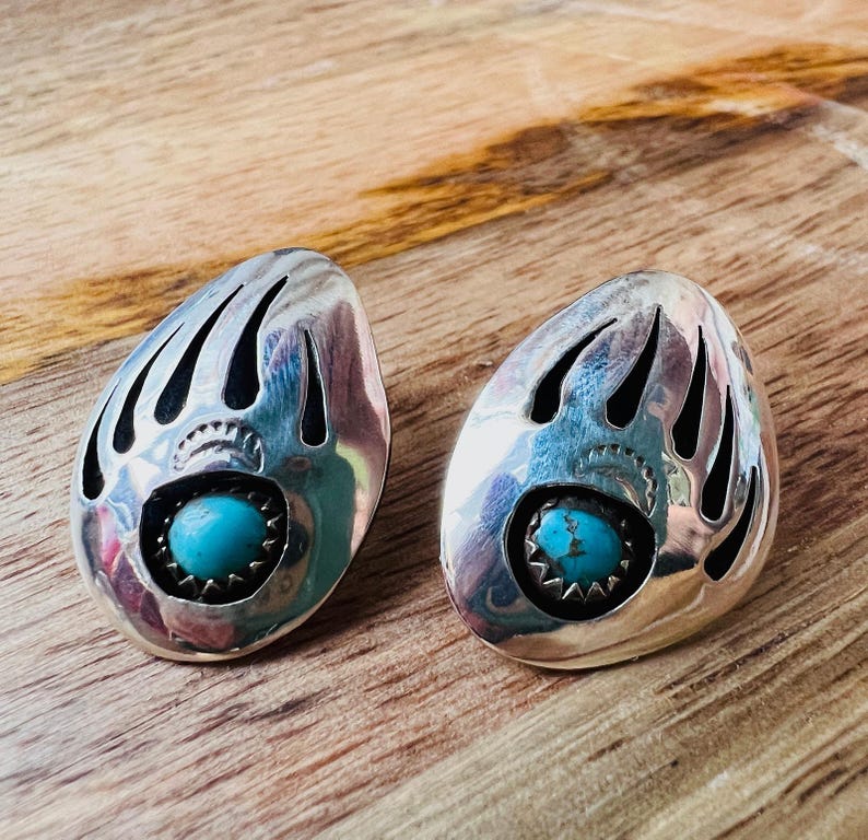 Vintage Navajo Sterling Silver Bear Claw Turquoise Earrings, Signed B ...