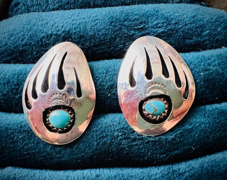 Vintage Navajo Sterling Silver Bear Claw Turquoise Earrings, Signed B ...