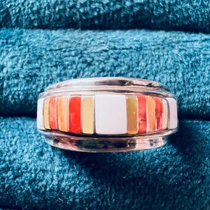 Zuni Sterling Silver Inlay Ring Size 5 Spiny Oyster Mother of Pearl Coral Band
