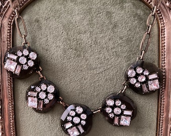Collar llamativo vintage – Cristal ahumado facetado y diamantes de imitación – Collar babero de 45 cm – Estilo Art Déco – Joyería de fantasía Y2K