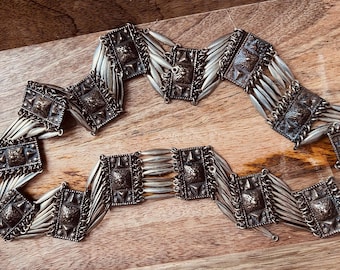 Vintage Mexico Sterling Silver Mask Panel Link Belt Aztec Style 30” 5/8” Wide 1930 main image 3