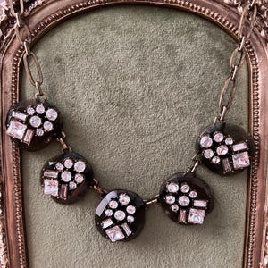 Vintage Statement Necklace – Faceted Smoky Glass & Rhinestones – 18” Bib Necklace – Art Deco Revival – Y2K Costume Jewelry
