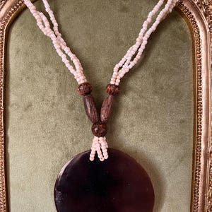 Vintage Tribal Necklace White Beads Wood Carnelian Agate Pendant Boho 20”