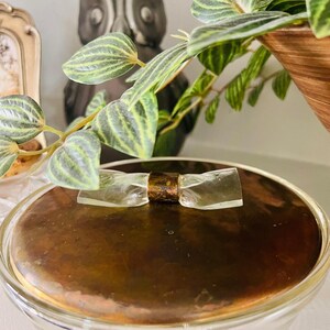 Könnte beinhalten: Eine klare Glasschale mit kupferfarbenem Deckel. Ein klarer, schleifenförmiger Griff aus Glas mit einem goldenen Band sitzt auf dem Deckel. Grün und gelb gestreifte Blätter einer Pflanze befinden sich im Vordergrund, mit einer grauen Eulenstatue im Hintergrund.