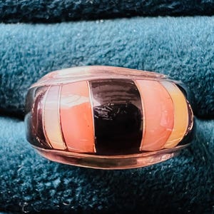 Vintage Sterling Silver R 925 Ring Sz 5 – Blue Chalcedony Obsidian MOP Inlay – Geometric Zuni Style Southwest Jewelry Boho
