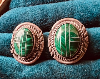 Vintage Navajo Sterling Silver 925 Green Malachite Stud Earrings Southwest Signed D