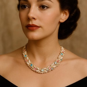 Collana vintage anni &#39;50 in termoindurente e strass, girocollo bianco pastello AB, 17&quot;