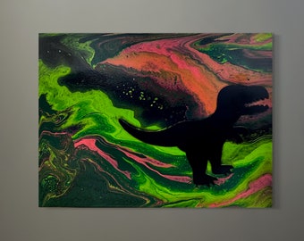 Fun Dinosaur painting with bright colors and great patterns, one of a kind acrylic pour wall art