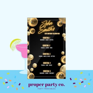 Getränkekarte-Vorlage - Schwarz-Gold-Geburtstagsmenü - Signature-Drinks - Benutzerdefiniertes Getränkeschild - Cocktailmenü-Vorlage - 50.Geburtstagsüberraschung