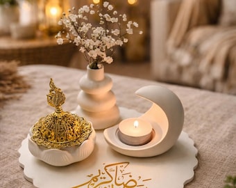 Ramadan Mubarak Decorative Tray Set |  Islamic Home Decor| Crescent Moon Candle Holder |Gold Incense Burner | Ramadan Gift