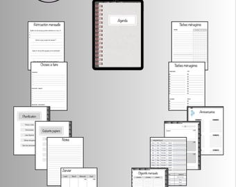 Puede incluir: Un planificador digital con un diseño gris y blanco. El planificador incluye secciones para tareas, notas, objetivos y cumpleaños. El texto "Agenda créatif" está en la parte superior de la imagen. El texto "AGENDA NUMÉRIQUE (FRANÇAIS) INCLUANT DES HYPERLIENS" está en la parte inferior de la imagen.