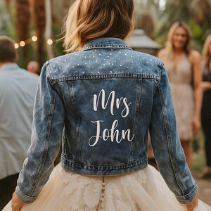 Custom Embroidered Bride Denim Jacket, Pearl Jean Jacket for Bride, Personalized Mrs Jacket, Unique Bridal Shower Gift, Wedding Day Jacket