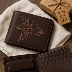 Personalized Fist Bump Dad Wallet, Custom Kids Name Dad Wallet, Gift for Father's Day, Engraved Leather Wallet for Mens, Dad Birthday Gift