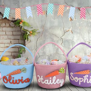 Personalisierter Osterkorb mit Kindernamen - Benutzerdefinierter Kaninchen-Karotten-Seilkorb für Jungen & Mädchen - Kinder-Ostern-Geschenk - Babys erstes Ostern