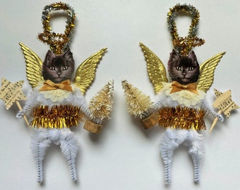 Black Cat RETRO ANGEL chenille Christmas ORNAMENTS vintage style ornaments set of 2