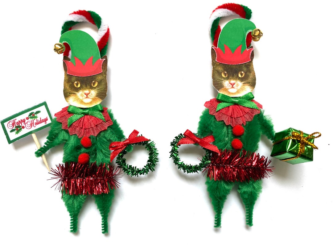 Tuxedo Cat ELF Ornaments Retro Christmas CAT Elves Ornaments Vintage
