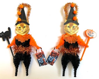 Red tabby Cat HALLOWEEN ornaments | retro CAT Trick or Treat ornaments | vintage style chenille ORNAMENTS | set of 2 ornaments