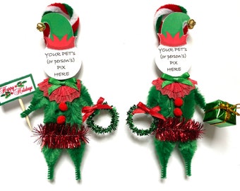 Your Pet’s or Person’s Pix RETRO ELF chenille ornaments | Christmas Elves ORNAMENTS |  vintage style set of 2 ornaments