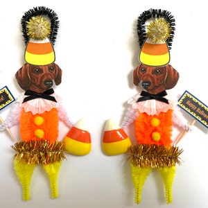 Dachshund Dog HALLOWEEN ornaments | retro DOG Candy Corn ornaments | vintage style chenille ORNAMENTS | set of 2 ornaments