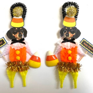 Dachshund Dog HALLOWEEN ornaments | retro DOG Candy Corn ornaments | vintage style chenille ORNAMENTS | set of 2 ornaments