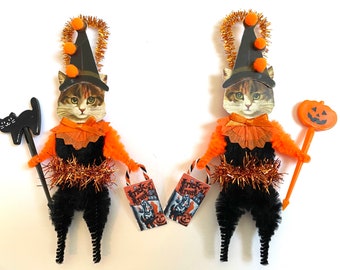 Tabby Cat HALLOWEEN ornaments | retro CAT Trick or Treat ornaments | vintage style chenille ORNAMENTS | set of 2 ornaments