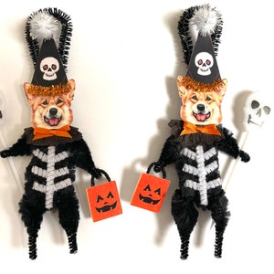 Corgi Dog HALLOWEEN ornaments | retro Skeleton DOG ornaments | vintage style chenille ORNAMENTS | set of 2 ornaments