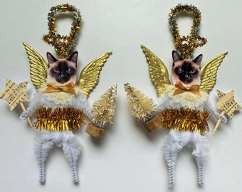 Siamese Cat RETRO ANGEL chenille Christmas ORNAMENTS vintage style ornaments set of 2