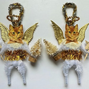 Red Tabby Cat RETRO ANGEL chenille Christmas ORNAMENTS vintage style ornaments set of 2