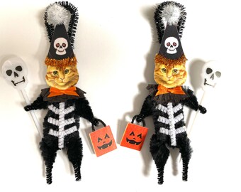 Red tabby Cat HALLOWEEN ornaments | retro CAT Skeleton ornaments | vintage style chenille ORNAMENTS | set of 2 ornaments