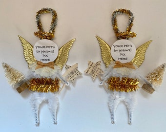 Your Pet’s or Person’s Pix RETRO ANGEL chenille Christmas ORNAMENTS vintage style ornaments set of 2