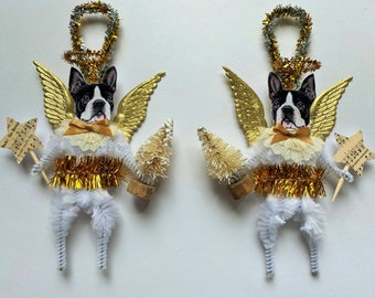 Boston Terrier RETRO ANGEL chenille Christmas ORNAMENTS vintage style ornaments set of 2