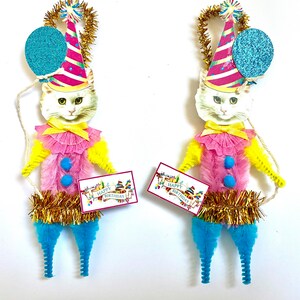White Persian Cat BIRTHDAY ornaments | retro CAT ornaments | vintage style chenille ORNAMENTS | set of 2 ornaments