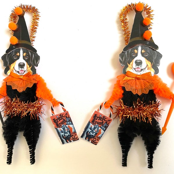 Bernese Mountain Dog HALLOWEEN ornaments | retro DOG Trick or Treat ornaments | vintage style chenille ORNAMENTS | set of 2 ornaments