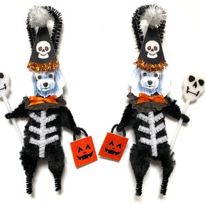 Poodle Dog HALLOWEEN ornaments | retro Skeleton DOG ornaments | vintage style chenille ORNAMENTS | set of 2 ornaments