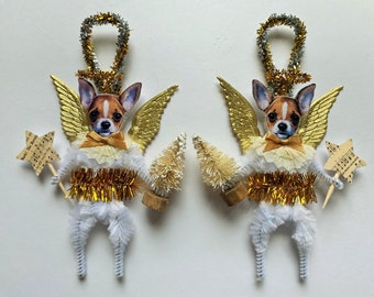 Chihuahua RETRO ANGEL chenille Christmas ORNAMENTS vintage style ornaments set of 2