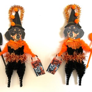 Dachshund Dog HALLOWEEN ornaments | retro DOG Trick or Treat  ornaments | vintage style chenille ORNAMENTS | set of 2 ornaments