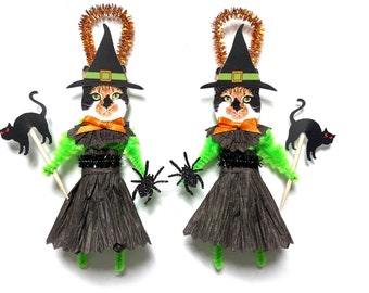 Calico Cat HALLOWEEN ornaments | retro Witch CAT ornaments | vintage style chenille ORNAMENTS | set of 2 ornaments