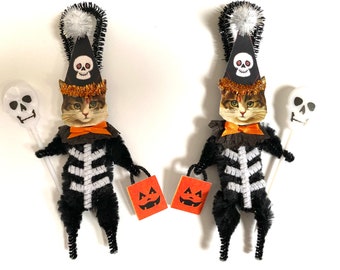 Tabby Cat HALLOWEEN ornaments | retro CAT Skeleton ornaments | vintage style chenille ORNAMENTS | set of 2 ornaments