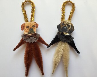 PUGGLE ornaments dog ORNAMENTS vintage style chenille ornaments basic set of 2