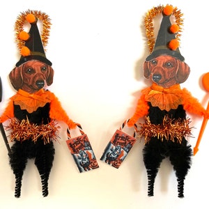 Dachshund Dog HALLOWEEN ornaments | retro DOG Trick or Treat  ornaments | vintage style chenille ORNAMENTS | set of 2 ornaments