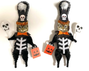 Grey tabby Cat HALLOWEEN ornaments | retro CAT Skeleton ornaments | vintage style chenille ORNAMENTS | set of 2 ornaments