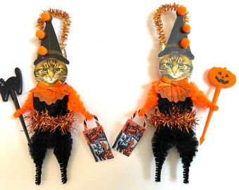 Brown tabby Cat HALLOWEEN ornaments | retro CAT Trick or Treat ornaments | vintage style chenille ORNAMENTS | set of 2 ornaments