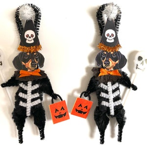 Dachshund Dog HALLOWEEN ornaments | retro Skeleton DOG ornaments | vintage style chenille ORNAMENTS | set of 2 ornaments