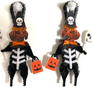 Dachshund Dog HALLOWEEN ornaments | retro Skeleton DOG ornaments | vintage style chenille ORNAMENTS | set of 2 ornaments