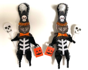 Black Persian Cat HALLOWEEN ornaments | retro CAT Skeleton ornaments | vintage style chenille ORNAMENTS | set of 2 ornaments